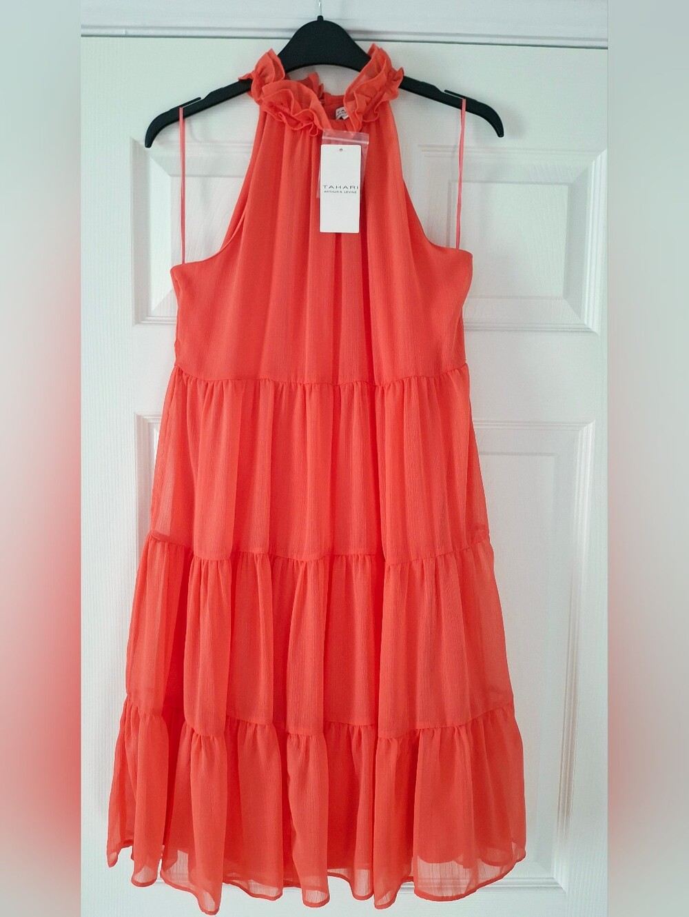 Tahari Coral Orange Ruffle Halter Tiered Chiffon Dress 2 XS
